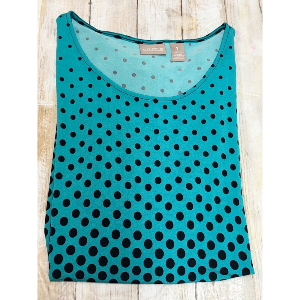 Chicos Teal Black Polka Dot Long Sleeve‎ Scoop Neck Top Size 1 Medium(U.S. 8)